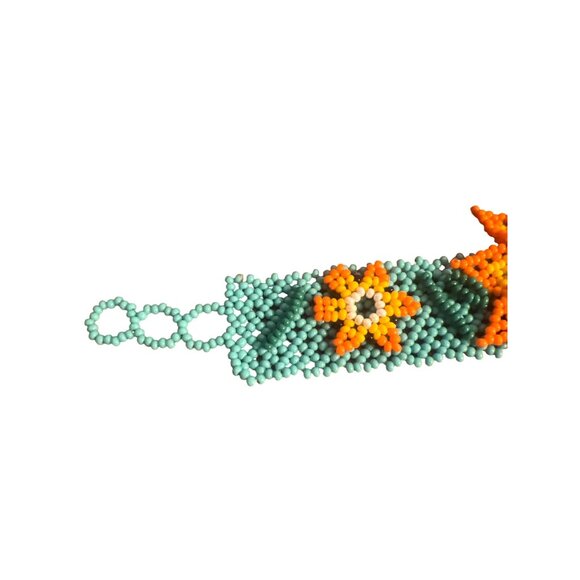 Shakira Huichol Seed Bead Cuff Bracelet 3D Flowers Turquoise Orange 3 Sizes NWT - Picture 3 of 8